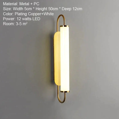Modern minimalist gold led wall lamp with copper-plated metal and pc cylindrical diffuser for bedroom wall lamp use