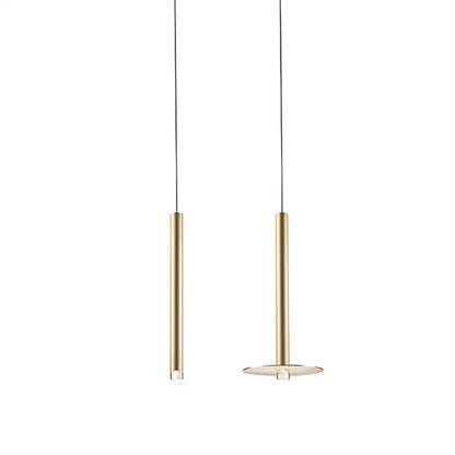 Two minimalist decorbites gold tube led pendant lights with slender gold cylindrical bodies and thin black cords for kitchen decor