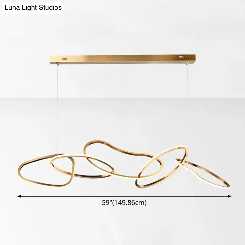 Modern minimalist golden led hanging light with interconnected circular rings and rectangular ceiling mount for dining room