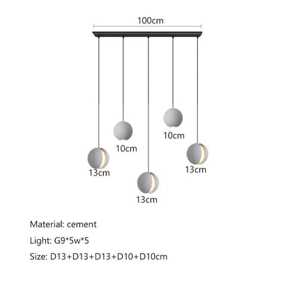 Modern minimalist gray and gold pendant light with five cement planet chandelier shades for dining room decorbites pendant light