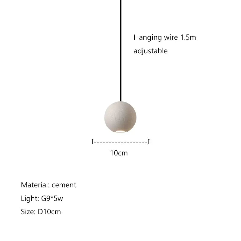 Modern minimalist gray and gold pendant light featuring a matte off-white decorbites cement planet sphere with adjustable wire