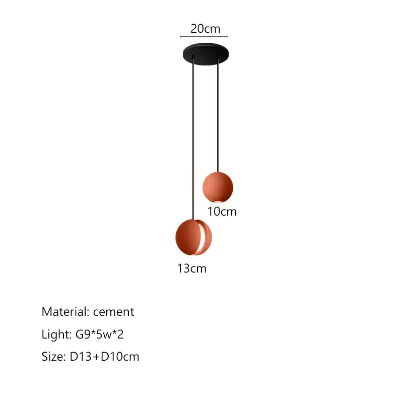 Modern minimalist pendant light with two terracotta cement planet chandelier shades suspended by black cords