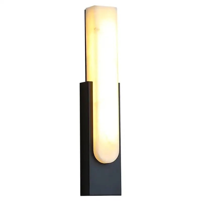 Modern minimalist grey metal led wall sconce with a warm glowing frosted glass panel by decorbites grey metal