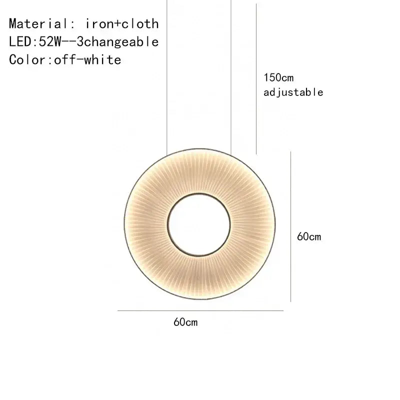Off-white circular dix iris pendant light with ribbed fabric shade and iron frame for modern minimalist dining decor