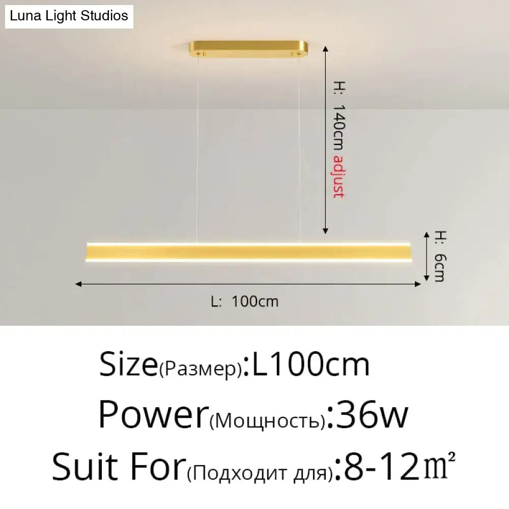 Modern minimalist led gold pendant light with sleek rectangular design and adjustable height for dining room use