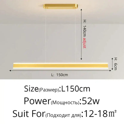 Gold-colored rectangular modern minimalist led pendant light with adjustable hanging height for dining room use