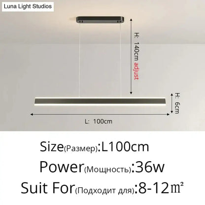 Modern minimalist led black pendant light featuring sleek rectangular design and adjustable height for dining room use