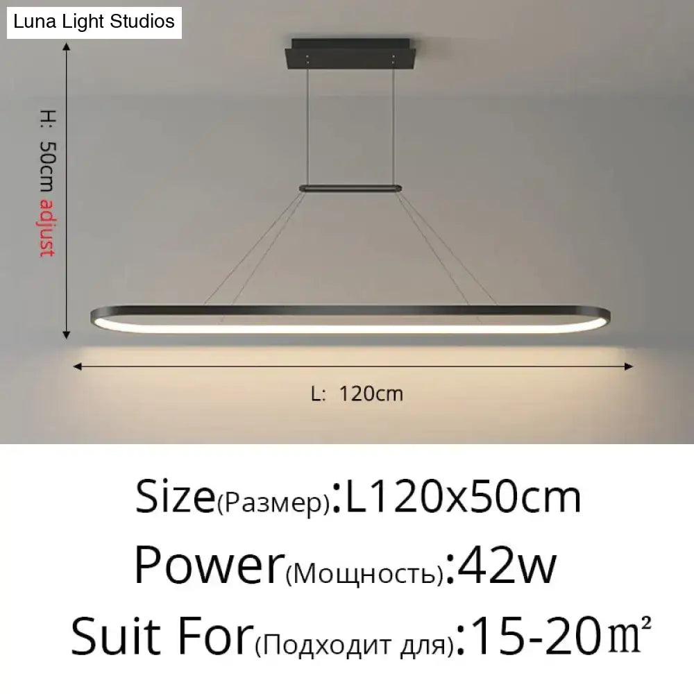 Modern minimalist led black pendant light with sleek rectangular design and adjustable height for dining room use