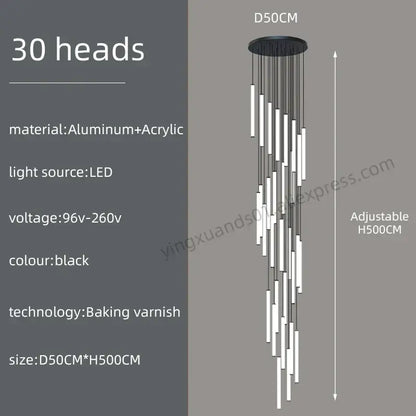 Modern minimalist loft black chandelier with 30 slender led light heads on circular aluminum base by decorbites loft black