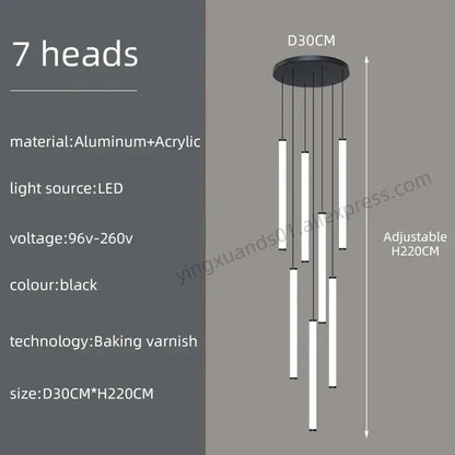 Black modern pendant light with seven vertical led rods suspended from circular aluminum base decorbites loft black chandelier