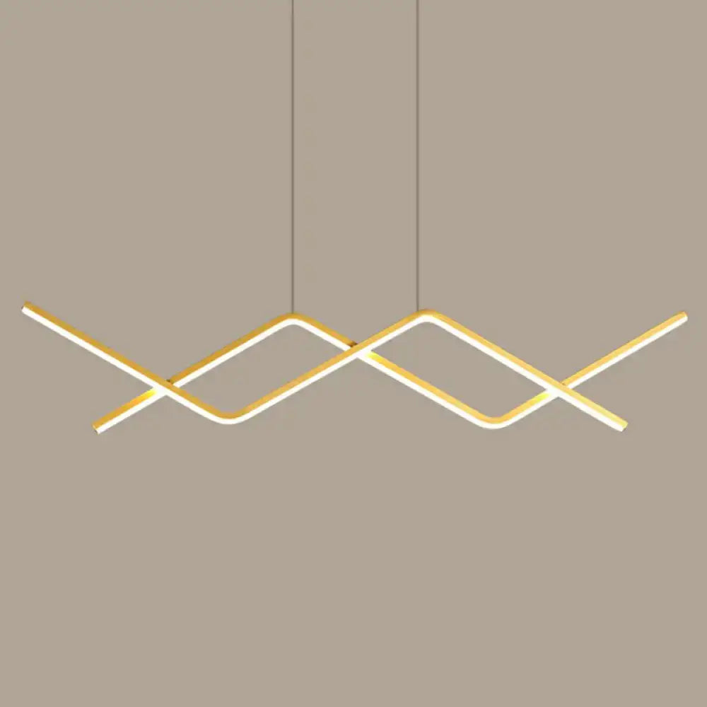 Modern gold-toned metal line art hanging LED pendant light with sleek intersecting design for dining room island