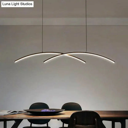 Modern minimalist metal line art pendant light with black gold finish and curved led strips for dining room island lighting