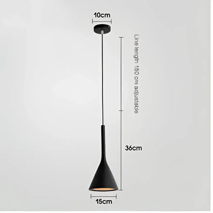 Black matte metal pendant light with conical shape 15cm diameter base and adjustable 160cm line length for kitchen use
