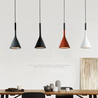 Four modern minimalist multicolor metal pendant lights with conical shades in matte black dark red and white for kitchen use