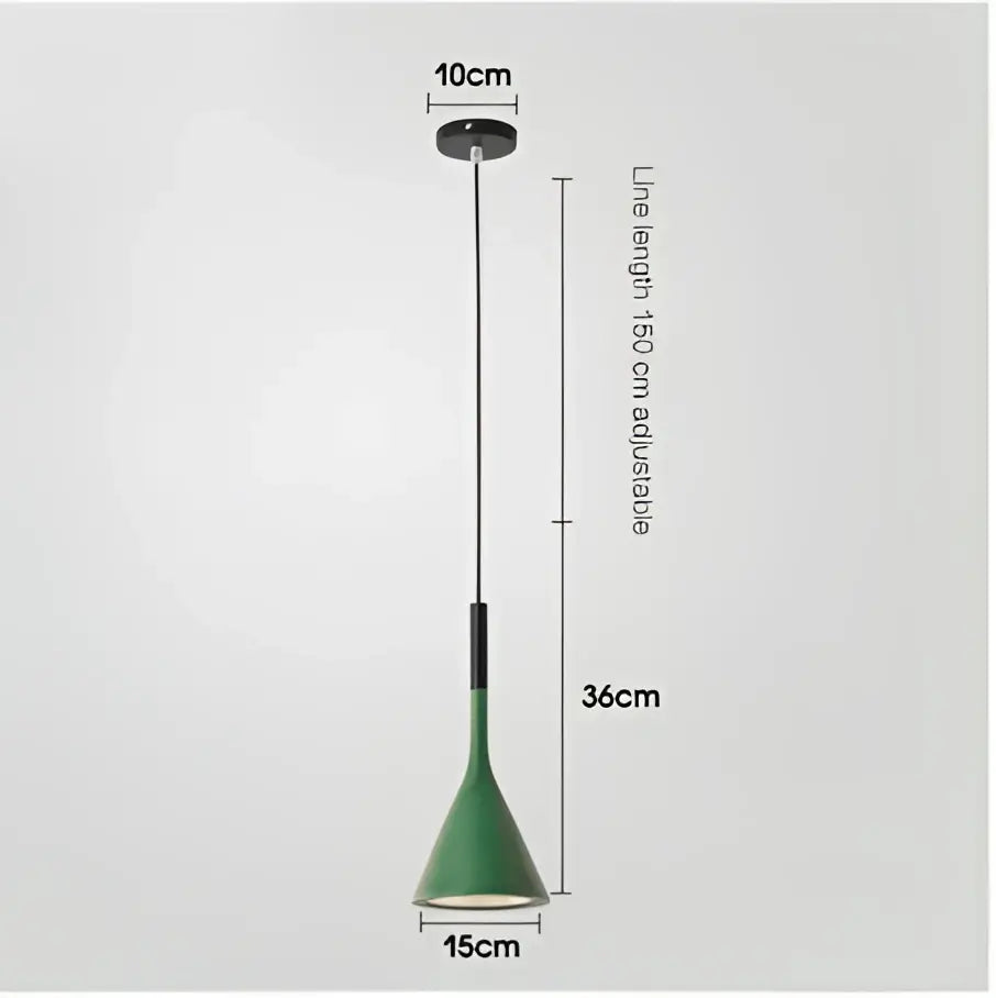 Green conical metal pendant light with black stem and adjustable 150 cm cord for modern kitchen use