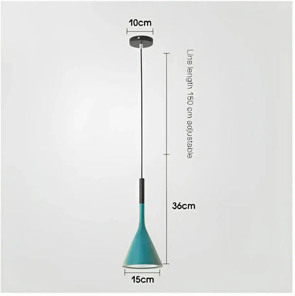 Teal conical metal pendant light with sleek modern design and adjustable black cord for kitchen use