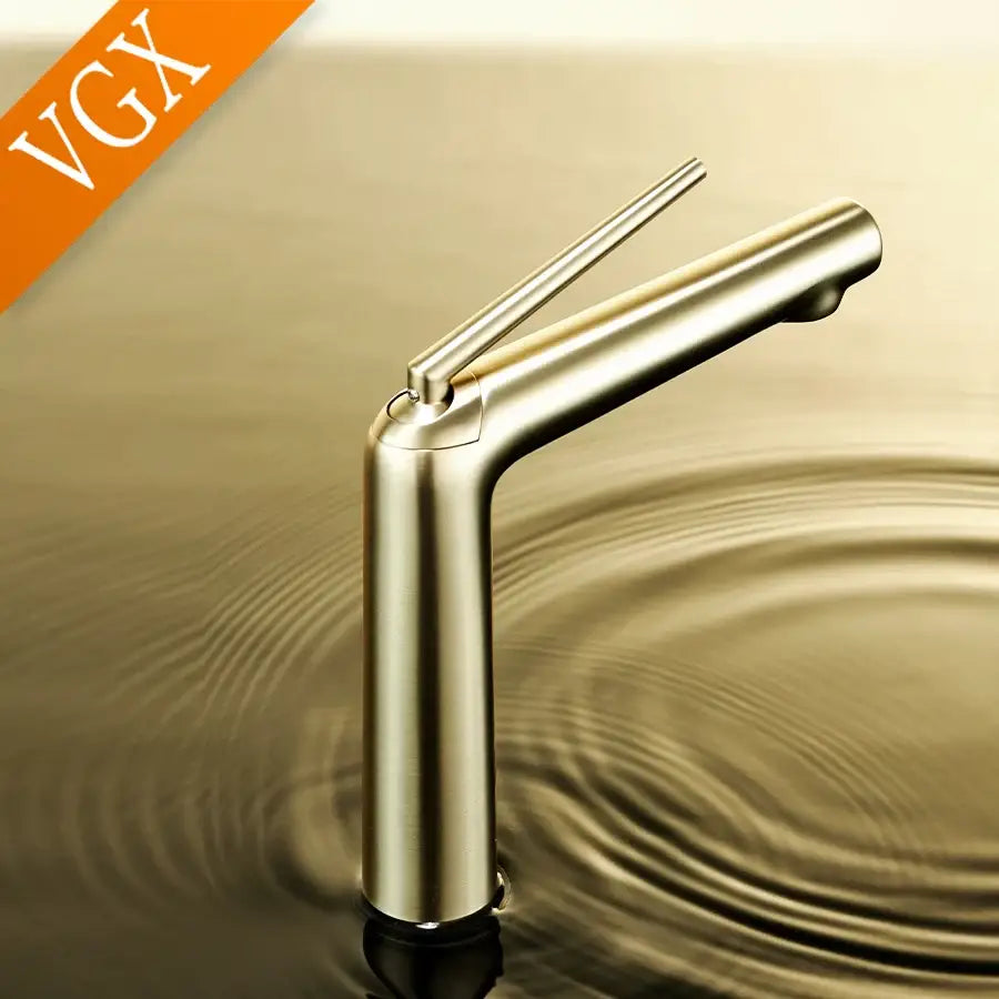 Modern minimalist rose gold basin faucet with brushed metal finish and single handle for cold water control