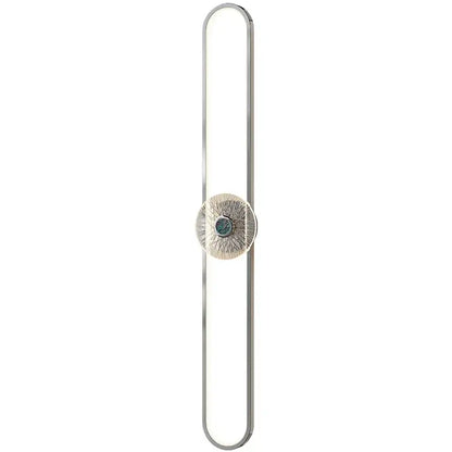 Modern minimalist silver-toned led strip wall light with elongated oval frame and teal gemstone medallion for living room decorbites led strip