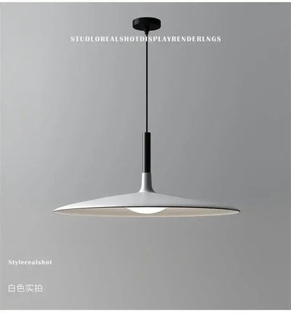 Minimalist white led ufo pendant light with disc-shaped shade and black suspension rod for modern dining rooms
