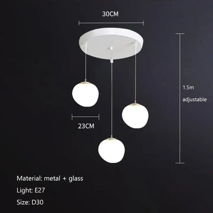 Modern minimalist white pendant light with three cobblestone glass led globes by decorbites for stairway decor