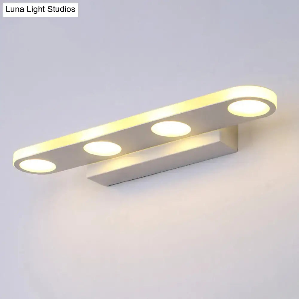 Modern minimalist white finish acrylic shade vanity light with three circular bulbs and maximum bulb wattage for bathroom use