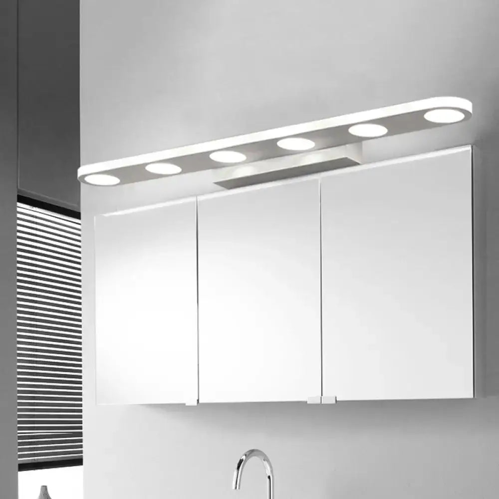 Modern minimalist white finish vanity light with five circular acrylic shade bulbs and maximum bulb wattage for bathroom use