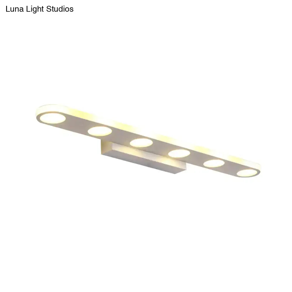 Modern minimalist white finish acrylic shade vanity light with five circular bulbs and maximum bulb wattage for bathroom use