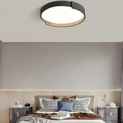 Modern minimalist white and gray led ceiling lamp with black outer ring and gold trim for bedrooms by decorbites led ceiling