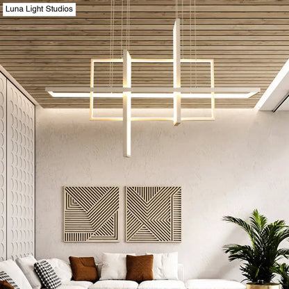Modern minimalist white led rectangular pendant light x10 x12 with intersecting geometric bars and warm illumination