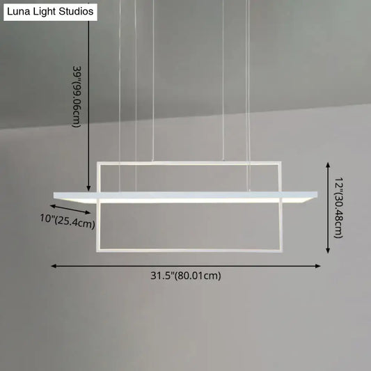 Modern minimalist white led rectangular pendant light x10 x12 with sleek frame suspended by thin cables for kitchens