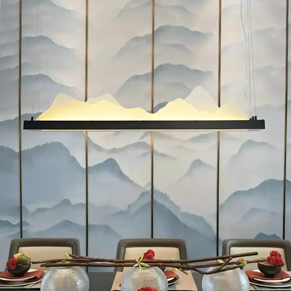 Black DecorBites™ acrylic LED island light fixture with mountain-shaped pendant and warm glow, 31.5 to 39 inch fixture width