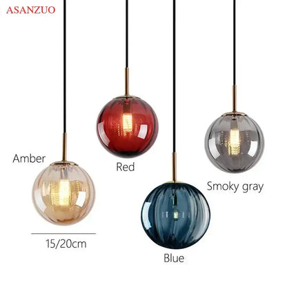 Asanzuo modern multi color glass ball pendant lamp with amber red smoky gray and blue glass balls and brass finish