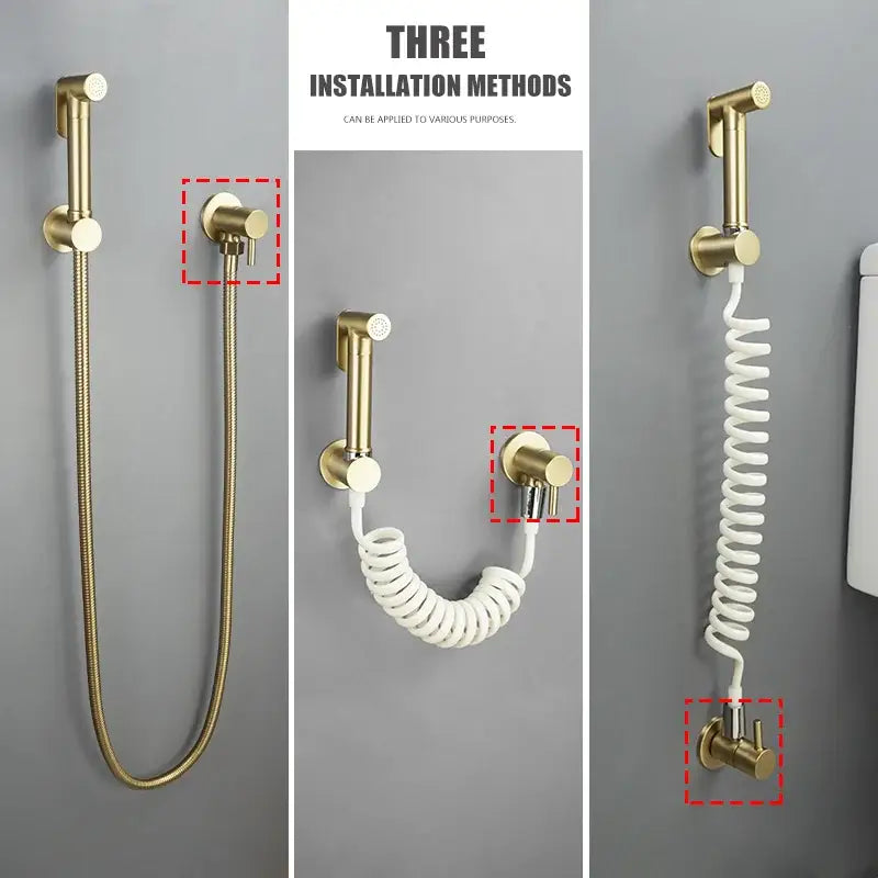 Gold-colored wall-mounted decorbites brass triangle valve bathroom faucet with flexible hose and three installation options