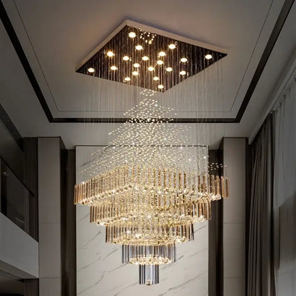Modern multi tier crystal ceiling chandelier with gold-toned metal and glass rods for elegant living room decorbites crystal ceiling