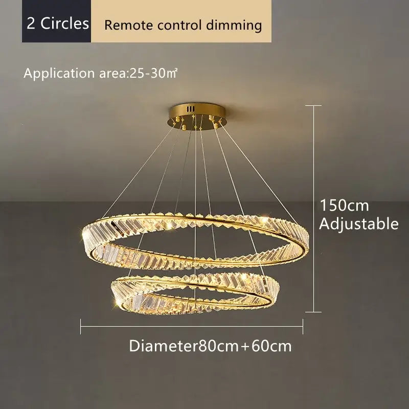 Modern multi tier gold decorbites crystal led double-ring chandelier with crystal encrusted rings and remote dimming