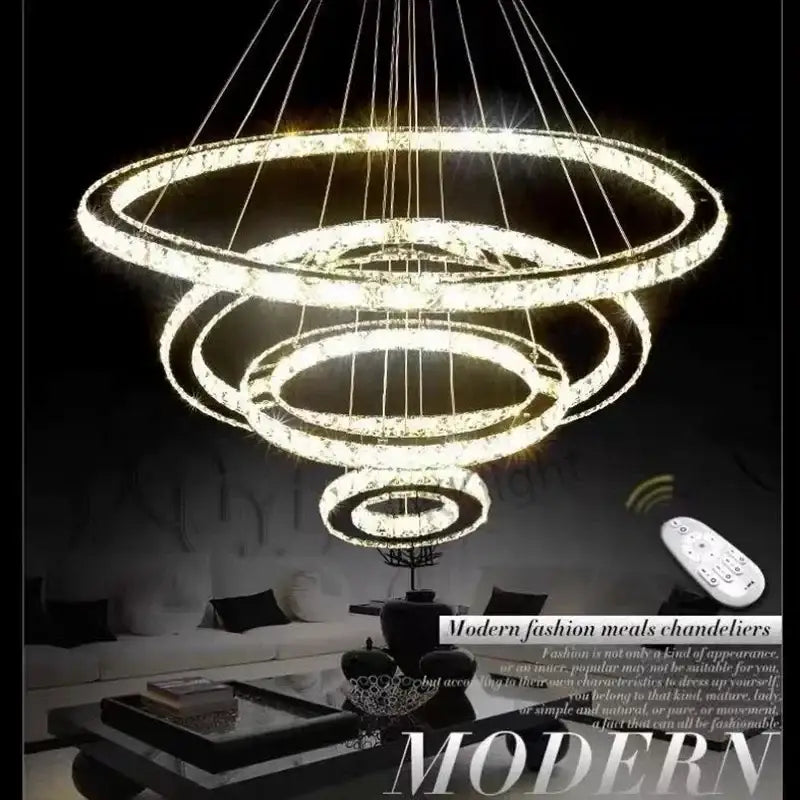 Modern multi tiered chrome crystal rings led chandelier with glowing crystal rings suspended by thin wires for living room decorbites