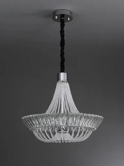 Modern multi tiered decorbites crystal ceiling chandelier with clear glass prisms and sleek chrome finish for living room decor