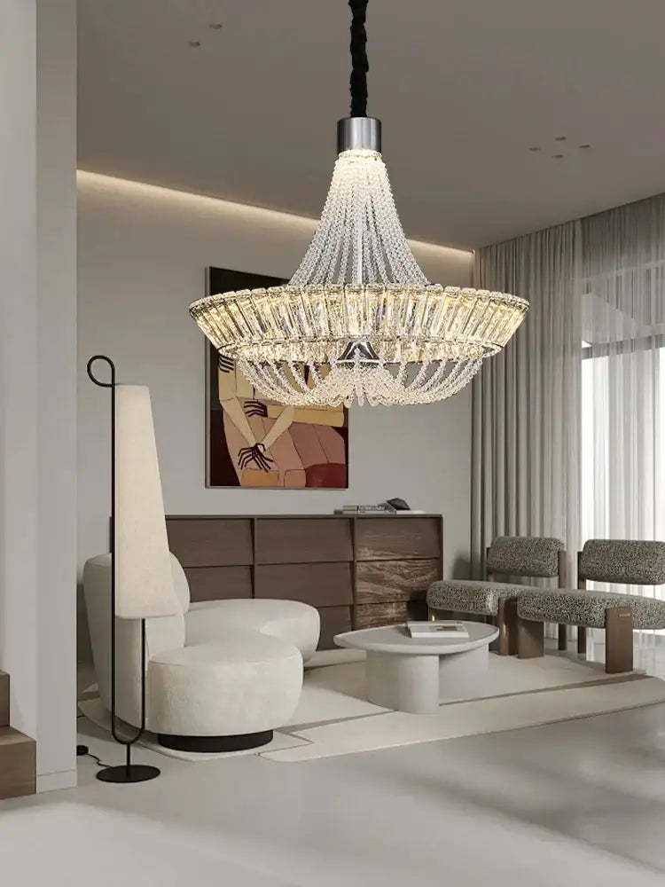 Modern multi tiered crystal ceiling chandelier with sleek metallic finish and clear crystals for living room decorbites crystal ceiling