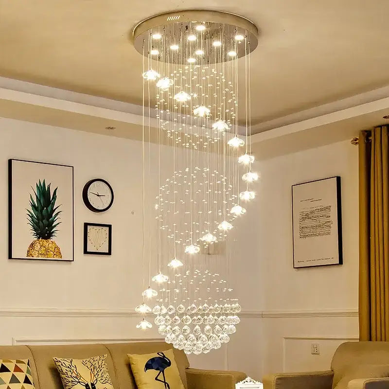 Modern multi-tiered crystal hanging chandelier with clear glass beads and circular metallic mount for staircase decorbites crystal hanging