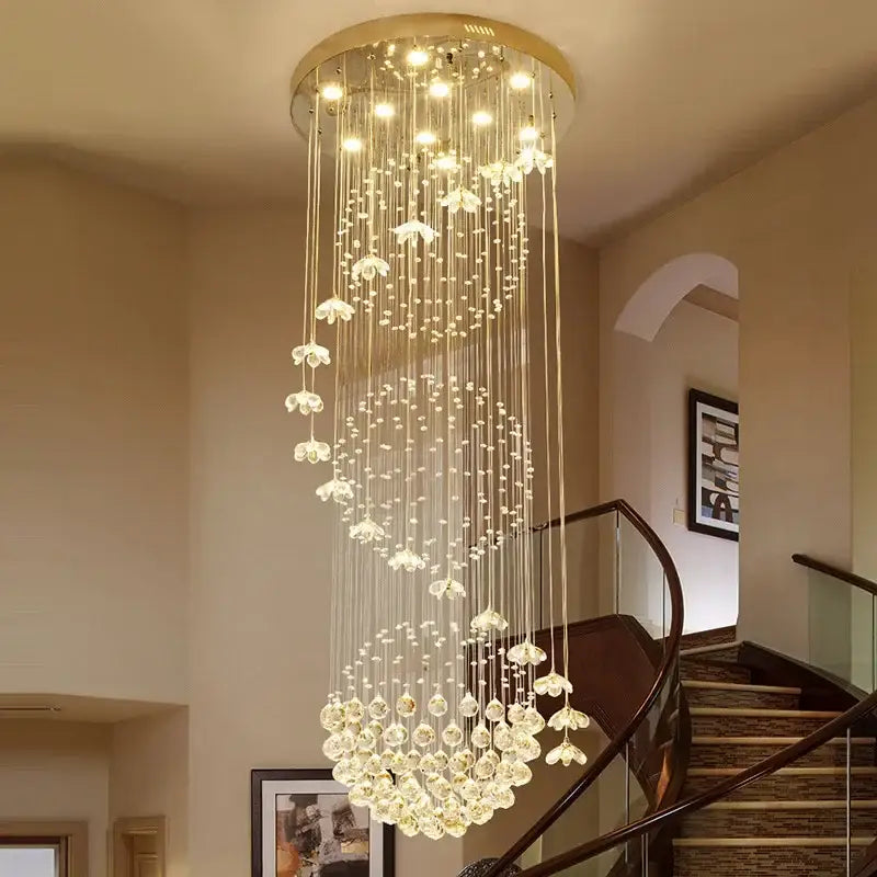 Modern multi tiered gold crystal hanging loft chandelier with clear bead strands and delicate flower-shaped crystals decorbites crystal hanging