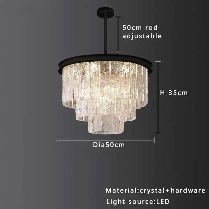 Modern tiered crystal glass chandelier with black metal frame and frosted panels for elegant crystal dining room decorbites