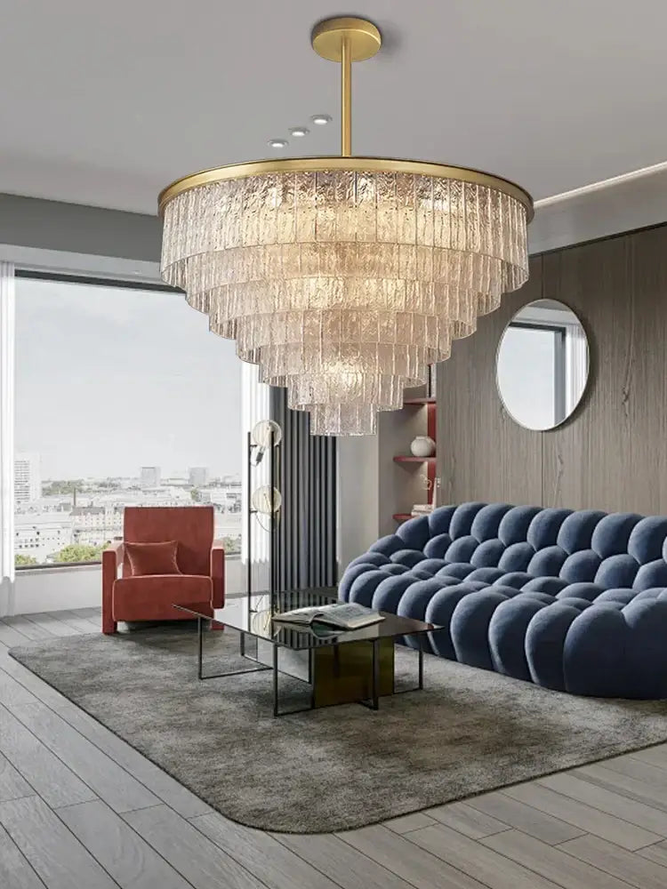 Modern multi tiered gold elegant crystal glass chandelier with textured translucent tiers for dining room decorbites elegant crystal