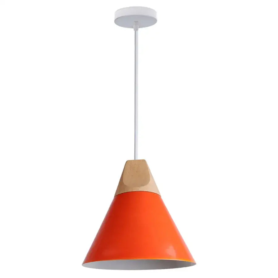 Modern multicolor decorbites cone wood pendant light with vibrant orange shade and natural wood accent for dining room