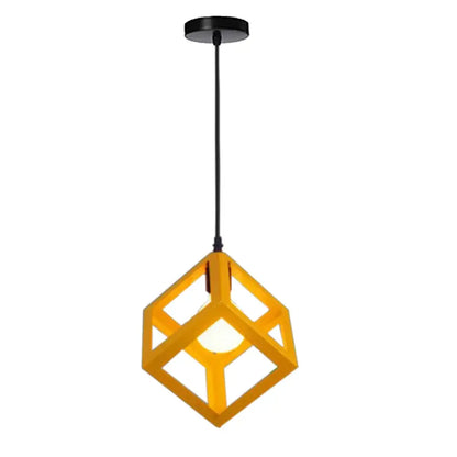 A modern yellow geometric cube pendant light with a black ceiling mount for kitchen decor by decorbites geometric cube