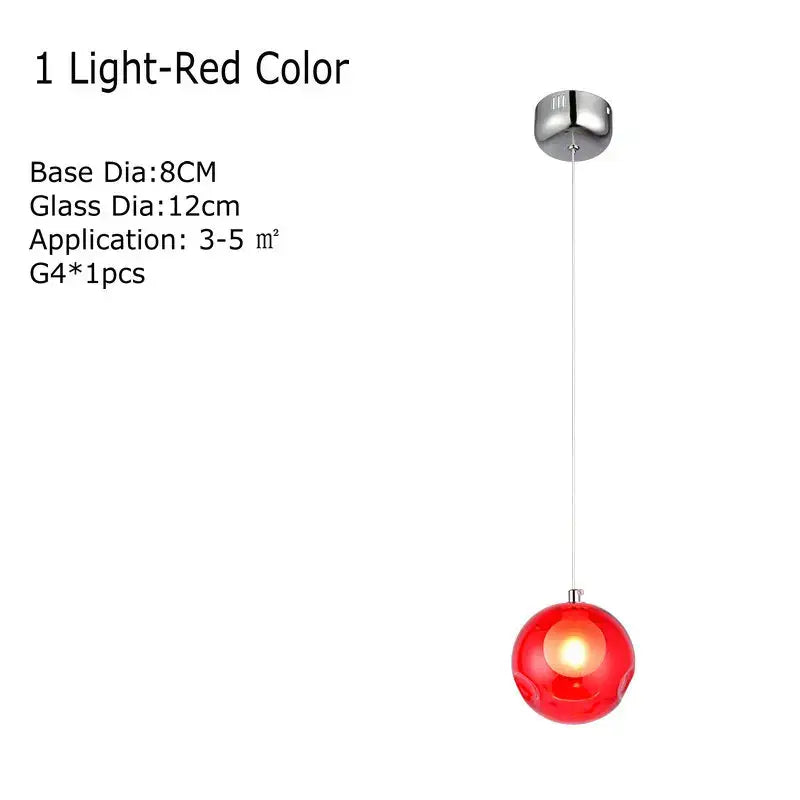 A sleek spherical red glass pendant light with polished chrome mount for modern clear glass chandelier decorbites