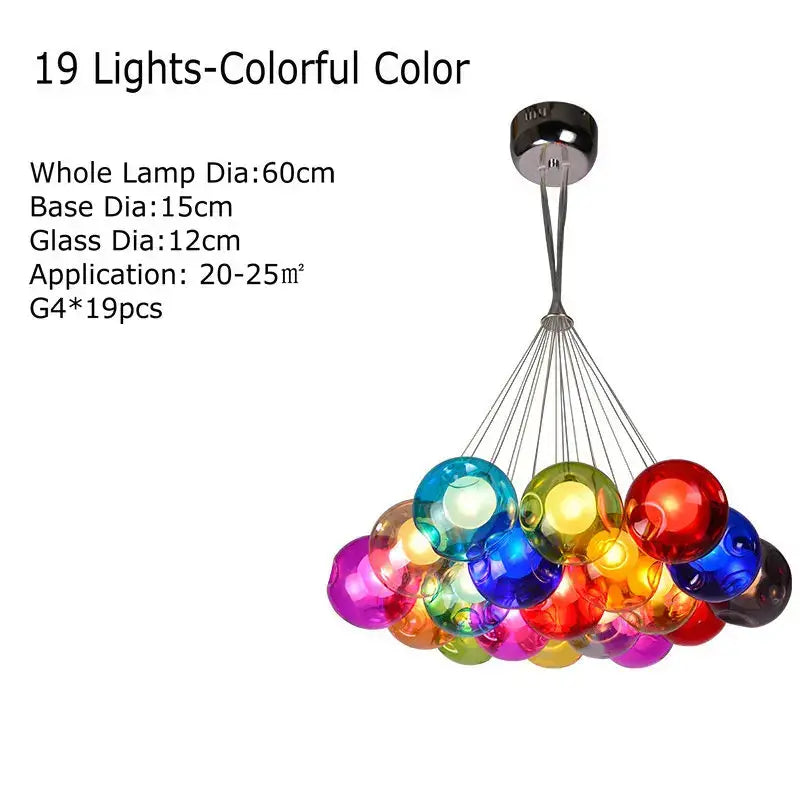 A modern multicolored clear glass chandelier with 19 colorful spheres and chrome finish for living room decorbites clear glass