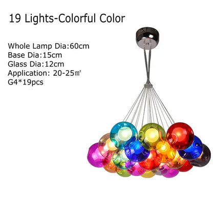 A modern multicolored clear glass chandelier with 19 colorful spheres and chrome finish for living room decorbites clear glass