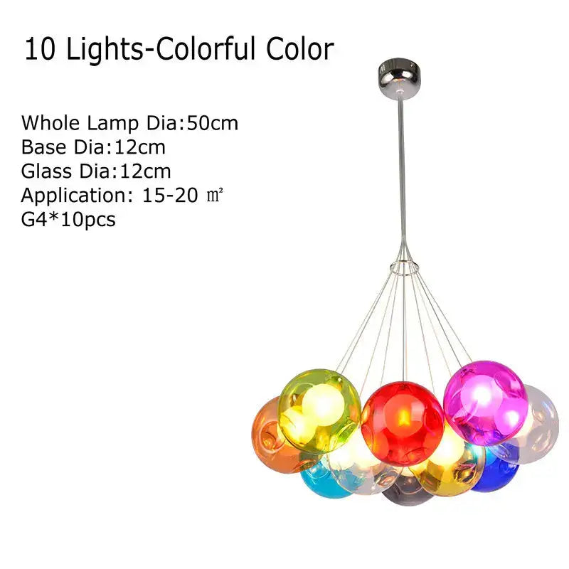 Modern multicolored clear glass chandelier with ten colorful sconces suspended from a sleek chrome rod for living room decorbites clear glass