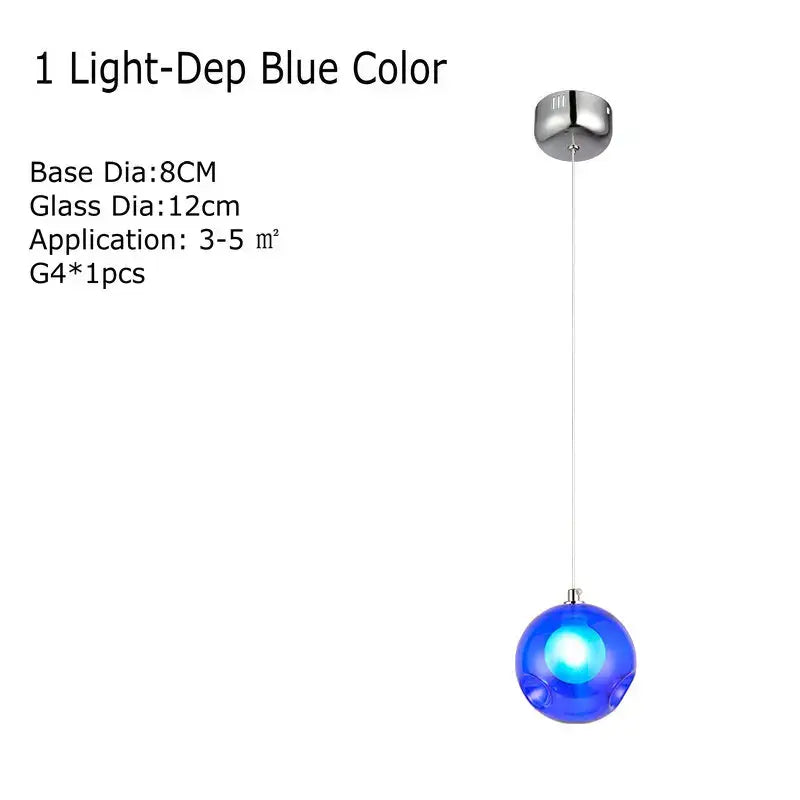 Modern multicolored clear glass chandelier with sleek deep blue glass globe pendant light and polished chrome mount by decorbites clear glass