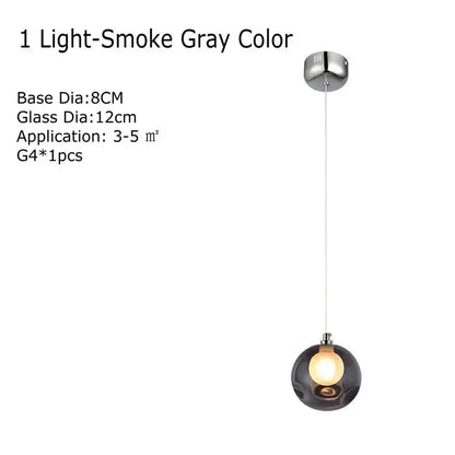 Modern multicolored clear glass chandelier with a light-smoke gray spherical pendant and chrome ceiling mount for decorbites clear glass lighting